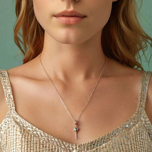 Key Heart Platinum Plated Sterling Silver Zircon CZ Charm Bracelet Necklace