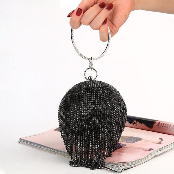 Ball Sphere Rhinestone Crystal Tassel Evening Wedding Party Bag Handbag Black