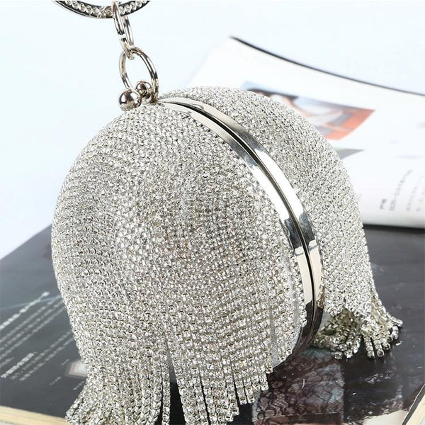 Ball Sphere Rhinestone Crystal Tassel Evening Wedding Party Bag Handbag Black