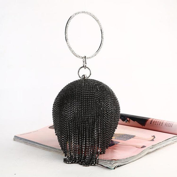 Ball Sphere Rhinestone Crystal Tassel Evening Wedding Party Bag Handbag Black