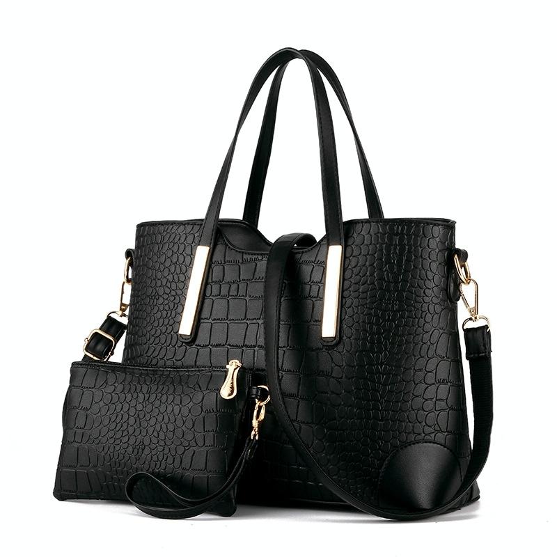 2 Pce Faux Crocodile PU Leather Tote Shoulder Clutch Bag Handbag Set Black