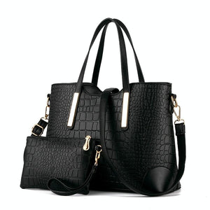 2 Pce Faux Crocodile PU Leather Tote Shoulder Clutch Bag Handbag Set Black