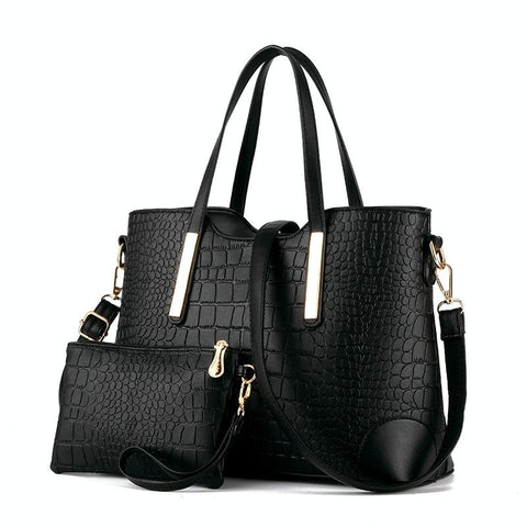 2 Pce Faux Crocodile PU Leather Tote Shoulder Clutch Bag Handbag Set Black