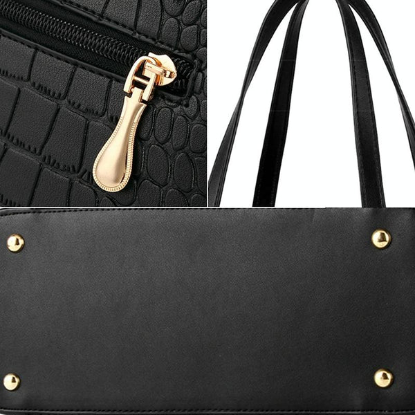 2 Pce Faux Crocodile PU Leather Tote Shoulder Clutch Bag Handbag Set Black
