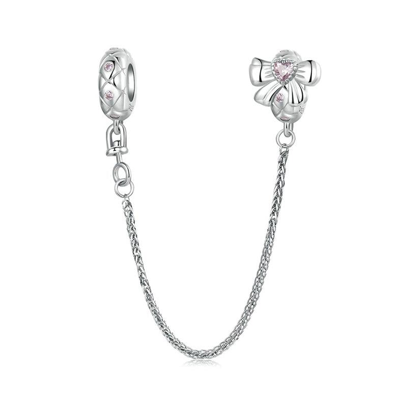 Love Heart Bow Platinum Plated Sterling Silver CZ Safety Chain For Bracelet