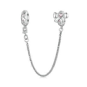 Love Heart Bow Platinum Plated Sterling Silver CZ Safety Chain For Bracelet