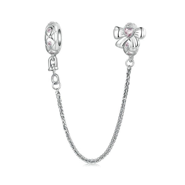 Love Heart Bow Platinum Plated Sterling Silver CZ Safety Chain For Bracelet