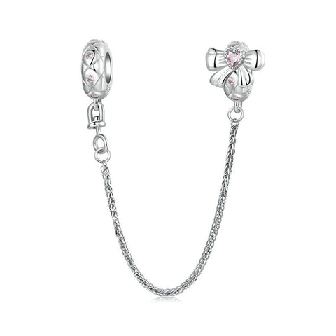 Love Heart Bow Platinum Plated Sterling Silver CZ Safety Chain For Bracelet