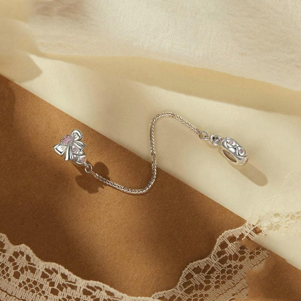 Love Heart Bow Platinum Plated Sterling Silver CZ Safety Chain For Bracelet
