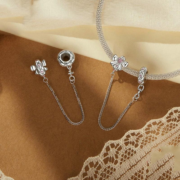 Love Heart Bow Platinum Plated Sterling Silver CZ Safety Chain For Bracelet