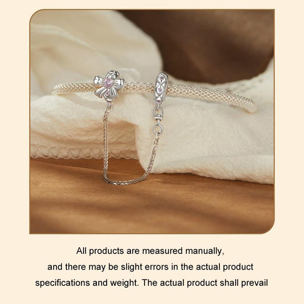 Love Heart Bow Platinum Plated Sterling Silver CZ Safety Chain For Bracelet