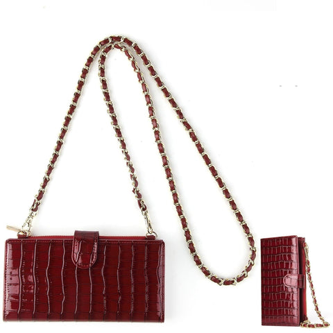 Faux PU Leather Crocodile Crossbody Shoulder Bag Chain Straps Wine Red