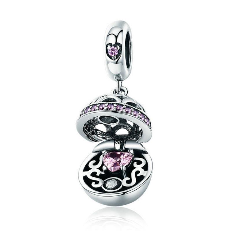 Locket Style Sterling Silver Bead Charm Bracelet Necklace Pendant Pink