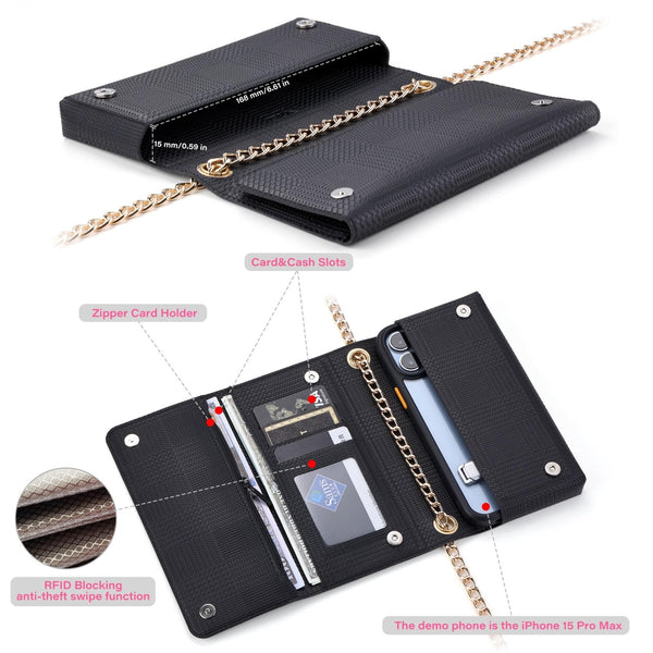 Leather Crossbody Bag Handbag RFID Purse Card Slot Chain Strap Black