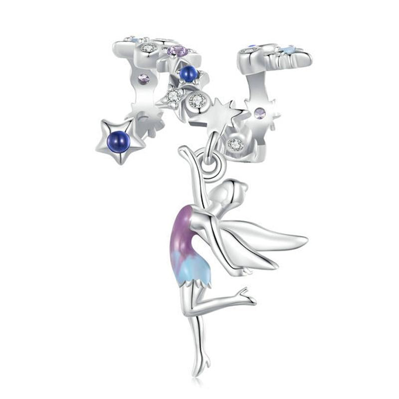 Elf Fairy Stars Platinum Plated Sterling Silver Crystal Zircon Charm Bracelet Necklace