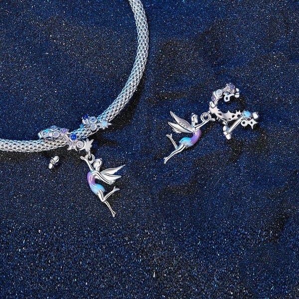 Elf Fairy Stars Platinum Plated Sterling Silver Crystal Zircon Charm Bracelet Necklace