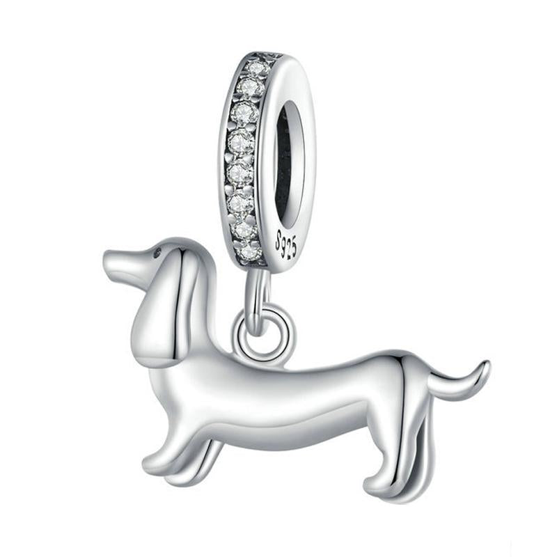Dachshund Sausage Dog Sterling Silver Zircon CZ Bead Charm Bracelet Necklace