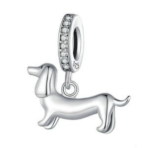 Dachshund Sausage Dog Sterling Silver Zircon CZ Bead Charm Bracelet Necklace