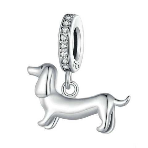 Dachshund Sausage Dog Sterling Silver Zircon CZ Bead Charm Bracelet Necklace