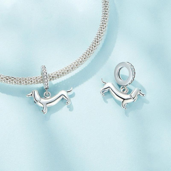 Dachshund Sausage Dog Sterling Silver Zircon CZ Bead Charm Bracelet Necklace