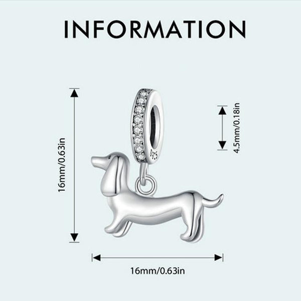 Dachshund Sausage Dog Sterling Silver Zircon CZ Bead Charm Bracelet Necklace