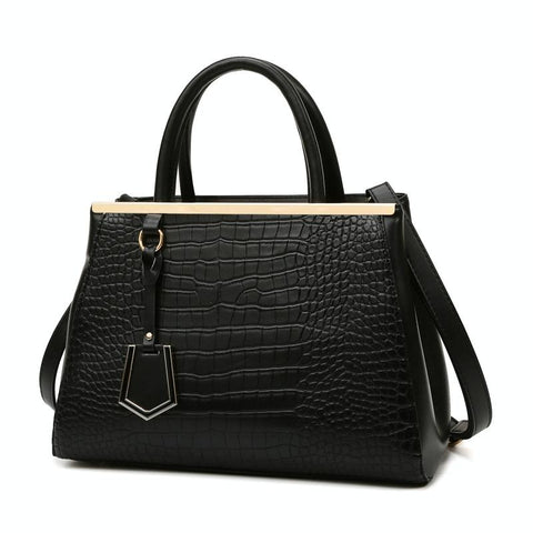 Faux Crocodile PU Leather Tote Shoulder Bag Handbag Multi Pocket Gold Trim Black