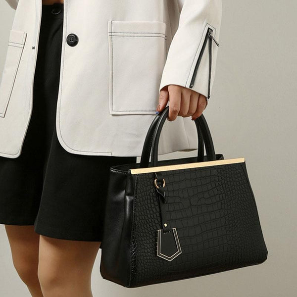 Faux Crocodile PU Leather Tote Shoulder Bag Handbag Multi Pocket Gold Trim Black