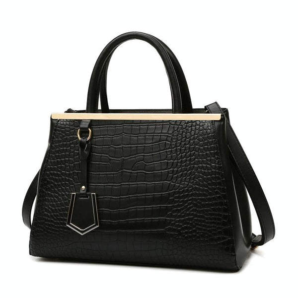 Faux Crocodile PU Leather Tote Shoulder Bag Handbag Multi Pocket Gold Trim Black