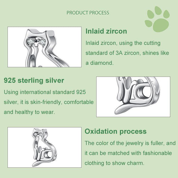 Cat Sterling Silver Zircon CZ Hollow Bead Charm Bracelet Necklace