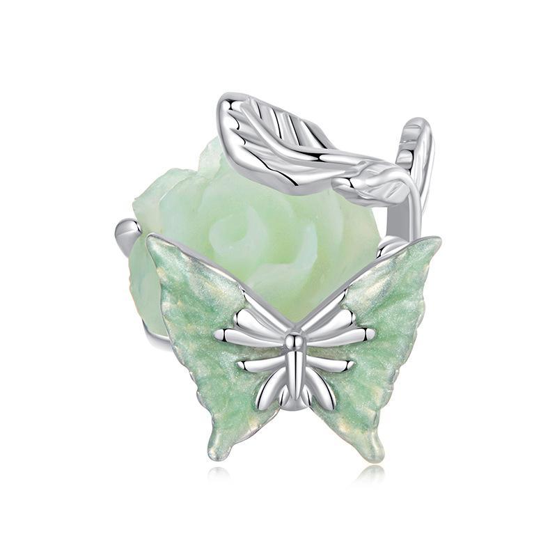 Rose Butterfly Enamel Sterling Silver Bead Charm Bracelet Necklace Pendant