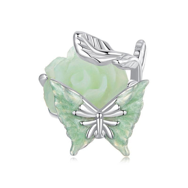 Rose Butterfly Enamel Sterling Silver Bead Charm Bracelet Necklace Pendant