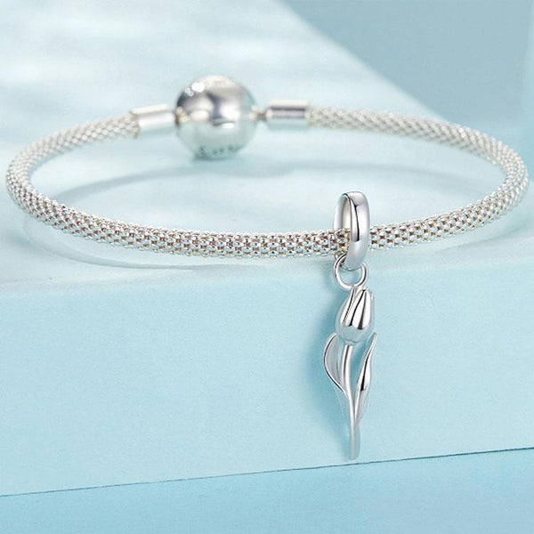 Tulip Flower Sterling Silver Bead Charm Bracelet Necklace Pendant