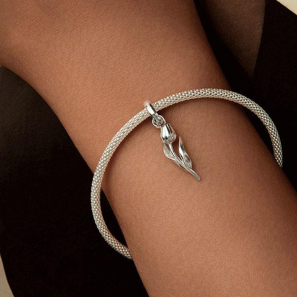 Tulip Flower Sterling Silver Bead Charm Bracelet Necklace Pendant