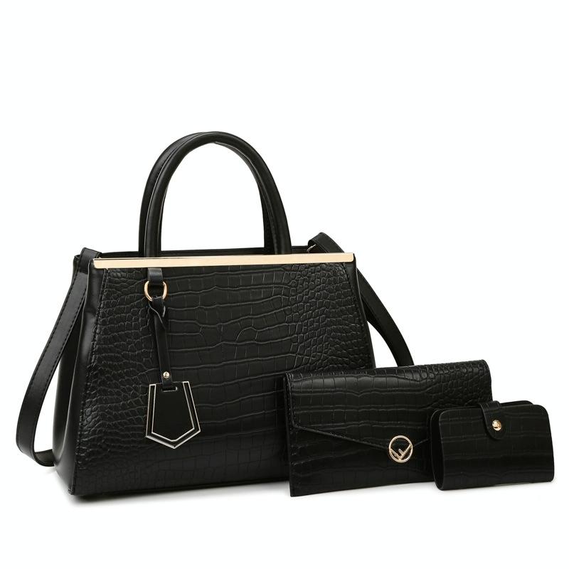 3 Pce Faux Crocodile PU Leather Shoulder Clutch Bag Card Holder Handbag Black