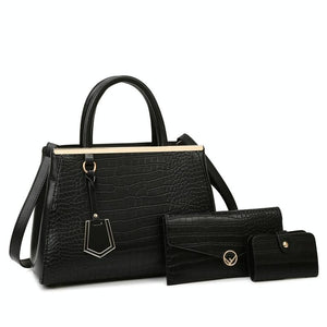 3 Pce Faux Crocodile PU Leather Shoulder Clutch Bag Card Holder Handbag Black