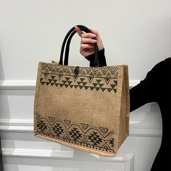 Geometric Western Aztec Print Jute Tote Shopping Bag