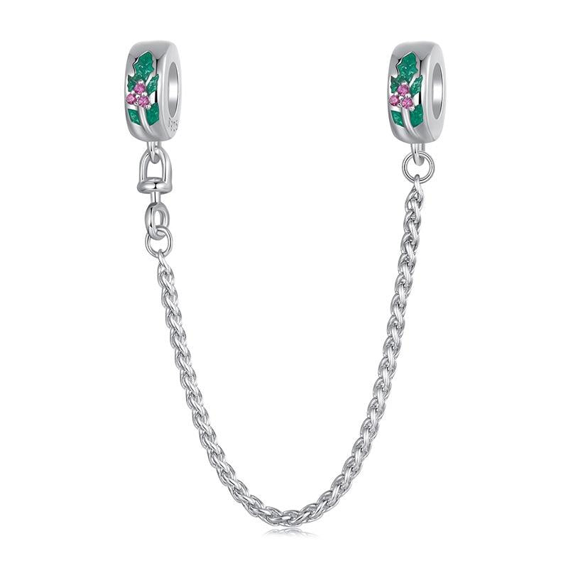 Christmas Holly Enamel Sterling Silver Zircon CZ Safety Chain Bracelet