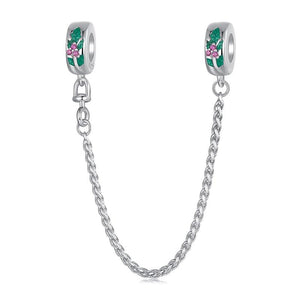 Christmas Holly Enamel Sterling Silver Zircon CZ Safety Chain Bracelet