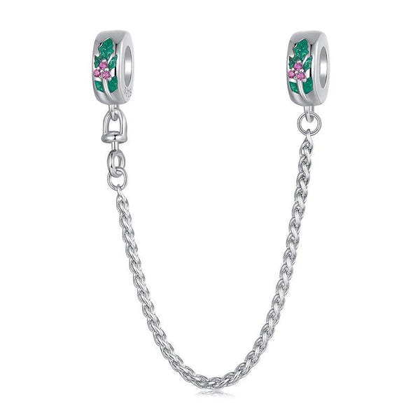 Christmas Holly Enamel Sterling Silver Zircon CZ Safety Chain Bracelet