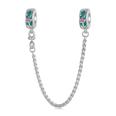 Christmas Holly Enamel Sterling Silver Zircon CZ Safety Chain Bracelet