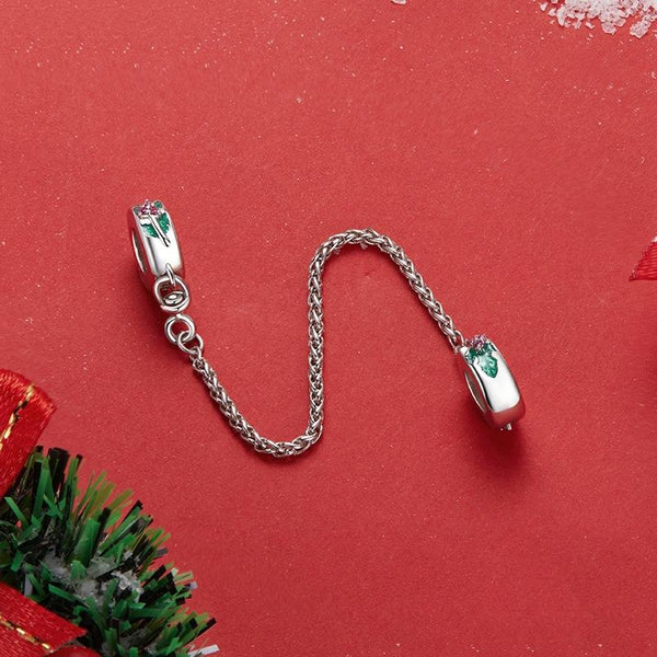 Christmas Holly Enamel Sterling Silver Zircon CZ Safety Chain Bracelet