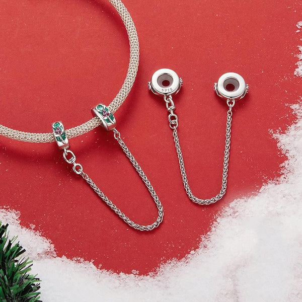 Christmas Holly Enamel Sterling Silver Zircon CZ Safety Chain Bracelet