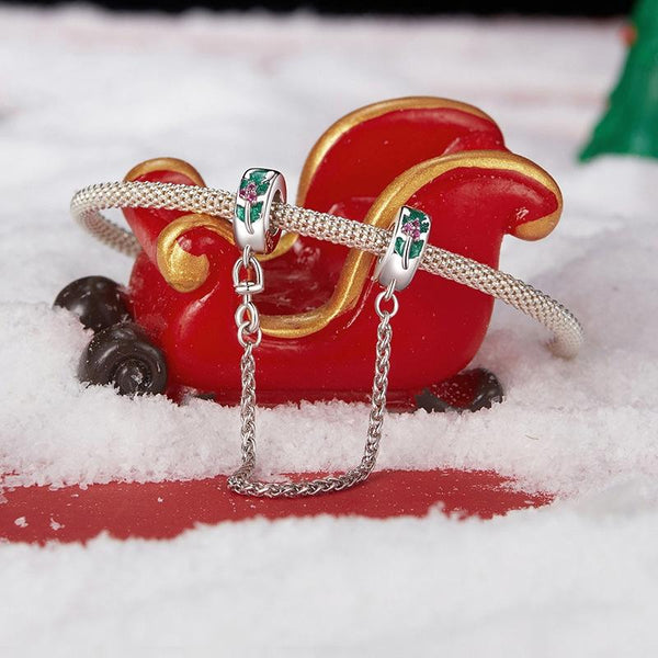 Christmas Holly Enamel Sterling Silver Zircon CZ Safety Chain Bracelet
