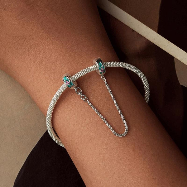 Christmas Holly Enamel Sterling Silver Zircon CZ Safety Chain Bracelet