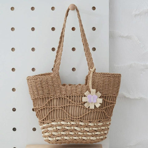 Large Capacity Straw Tote Shopping Beach Bag Wave Design Lining Light Brown