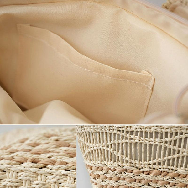 Large Capacity Straw Tote Shopping Beach Bag Wave Design Lining Light Brown