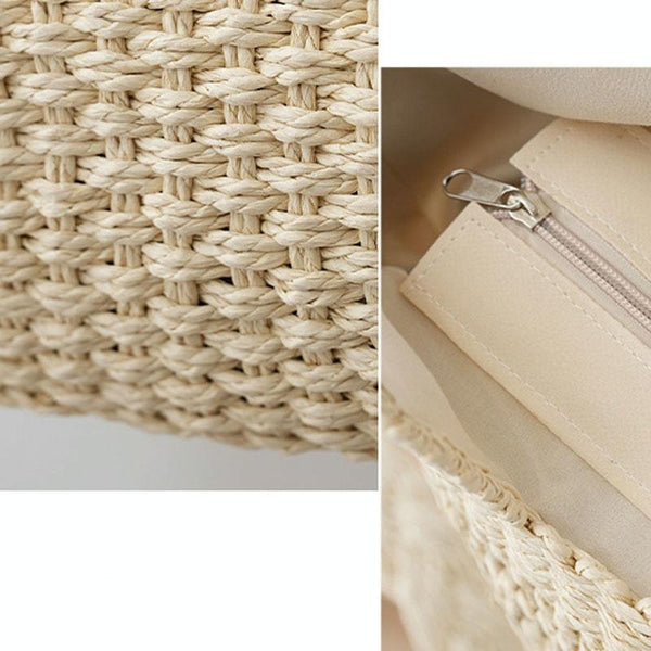 Large Capacity Straw Tote Shopping Beach Bag Wave Design Lining Light Brown