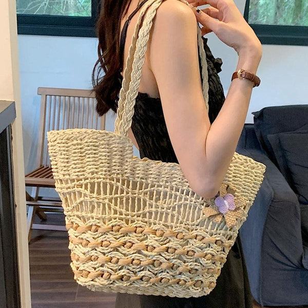 Large Capacity Straw Tote Shopping Beach Bag Wave Design Lining Light Brown