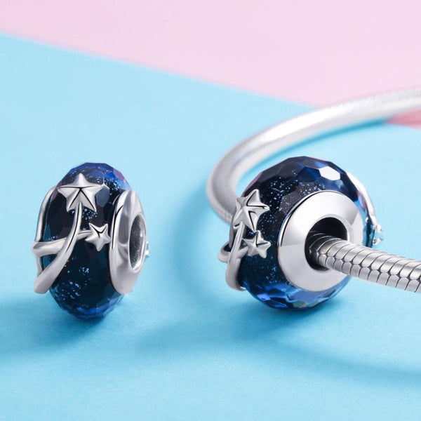 Shooting Stars Dark Blue Glass Sterling Silver Spacer Bead Charm Bracelet Necklace