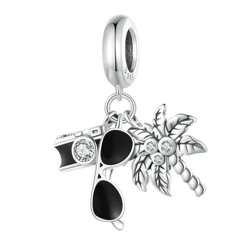 Palm Tree Sunglasses Holiday Sterling Silver Bead Charm Bracelet Necklace